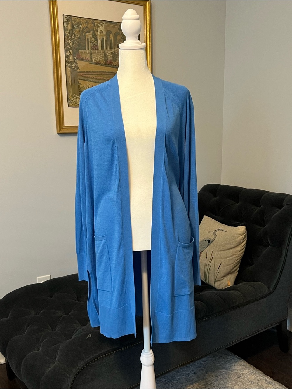 Azure Blue Open Front Lightweight Long Cardigan